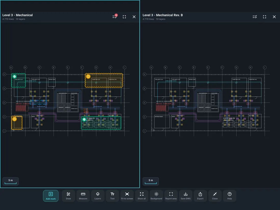 Two DWG sheets side by side on a tablet